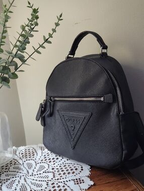 Womens Black Leather Guess Mini Backpack Travel Bag